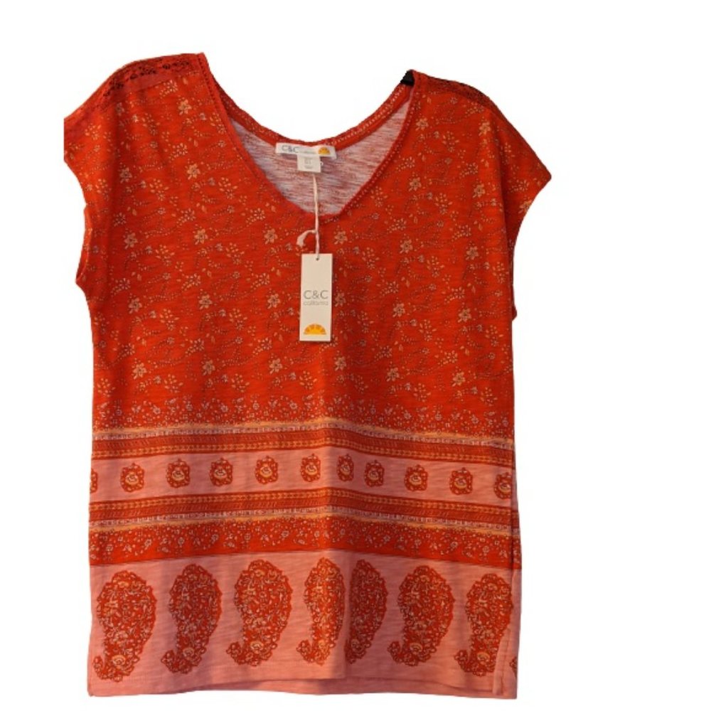 C&C California Reddish Orange Boho Floral & Paisley Print Knit Soft Top SZ S NWT - Picture 6 of 10